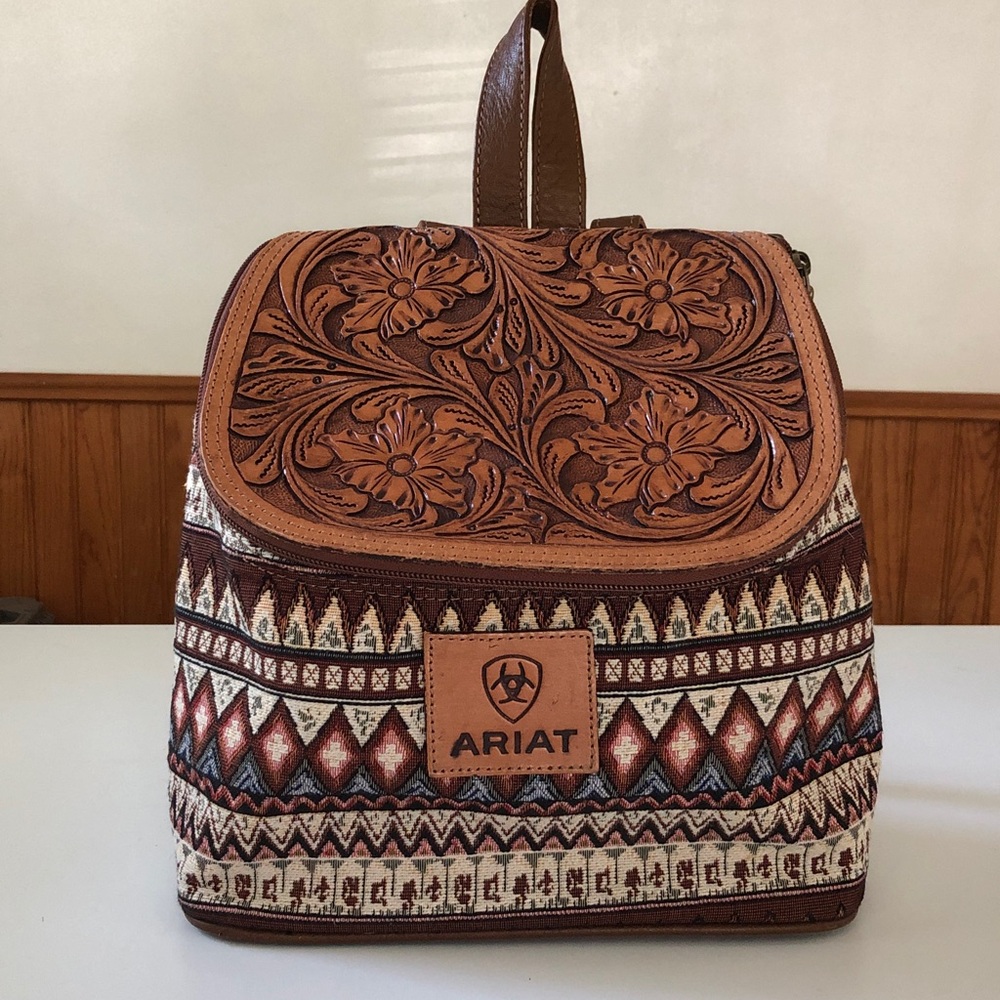 Ariat Brown Tooled Leather & Aztec Print Backpack